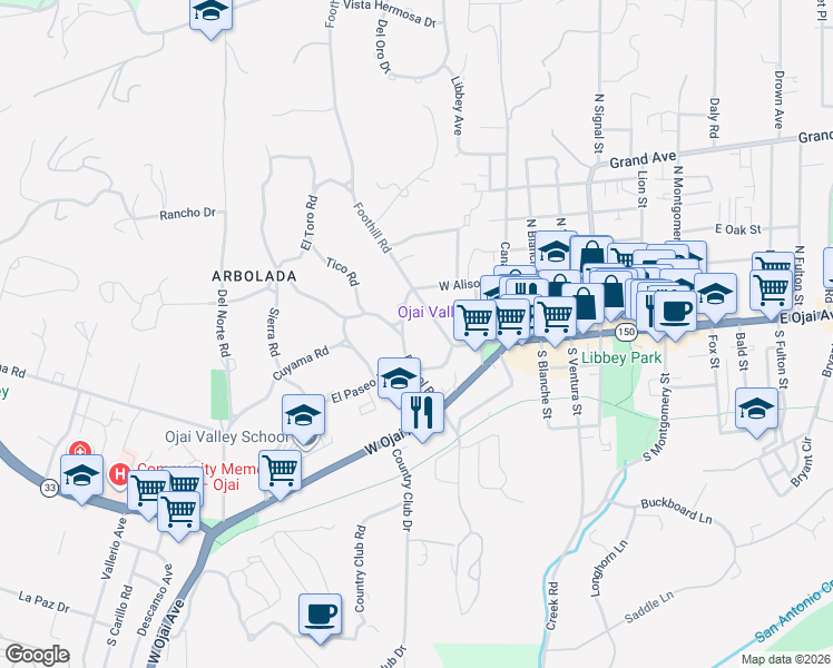 map of restaurants, bars, coffee shops, grocery stores, and more near 114 Bristol Road in Ojai
