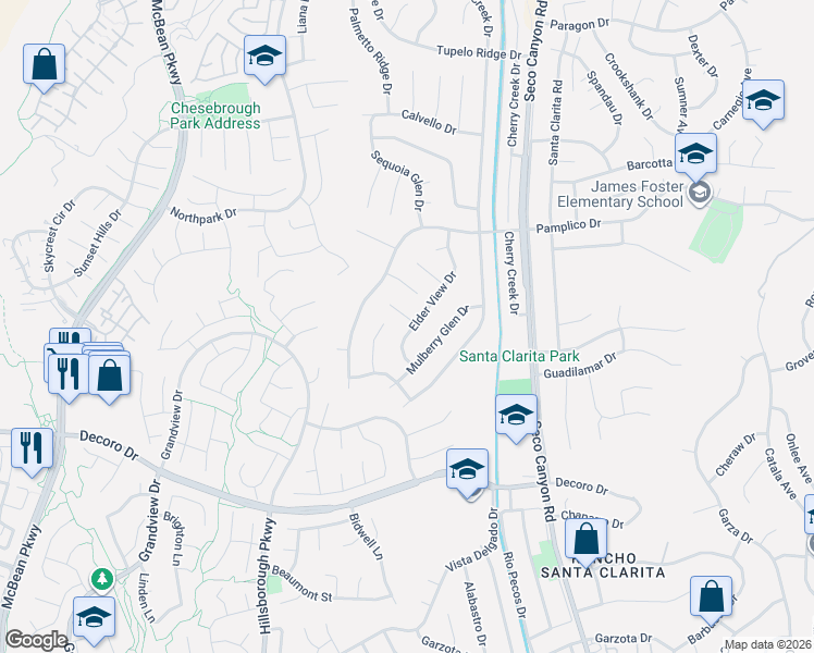 map of restaurants, bars, coffee shops, grocery stores, and more near 23104 Poplar Glen Circle in Santa Clarita