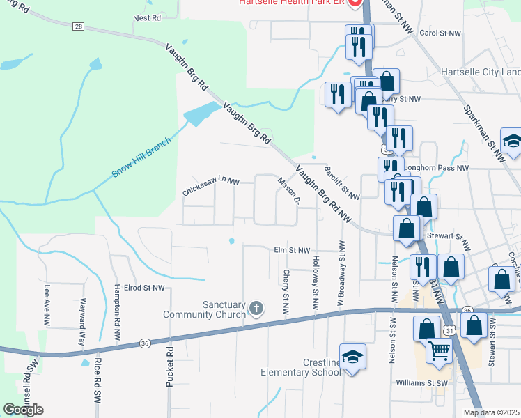 map of restaurants, bars, coffee shops, grocery stores, and more near 1104 Mason Drive in Hartselle