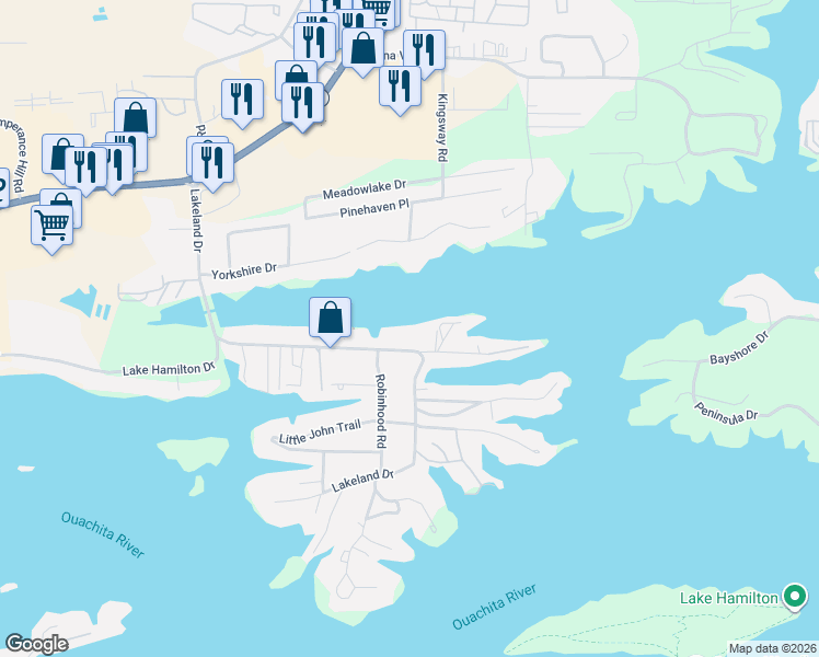 map of restaurants, bars, coffee shops, grocery stores, and more near 451 Lakeland Drive in Hot Springs