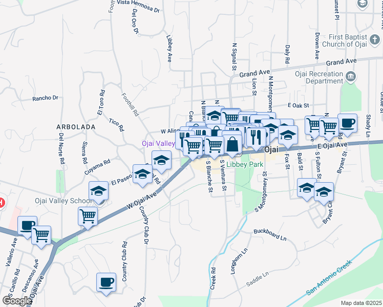 map of restaurants, bars, coffee shops, grocery stores, and more near 308 El Paseo Road in Ojai