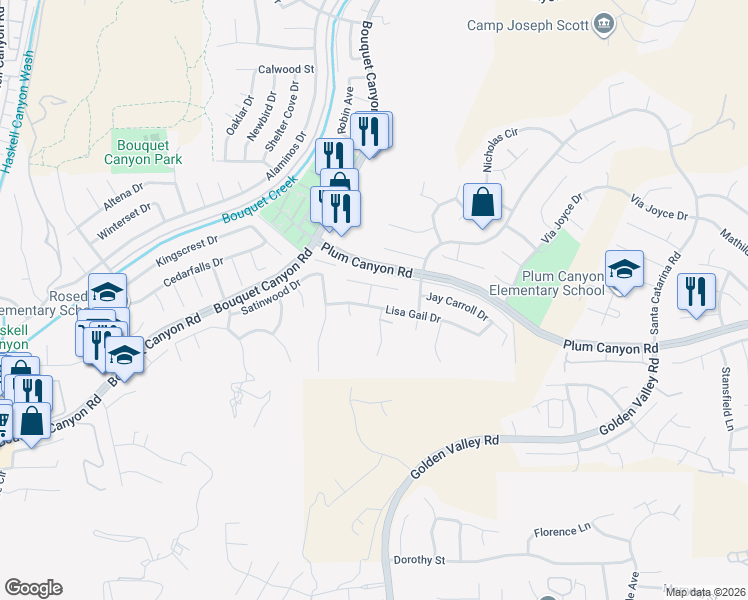 map of restaurants, bars, coffee shops, grocery stores, and more near 20559 Lisa Gail Drive in Santa Clarita