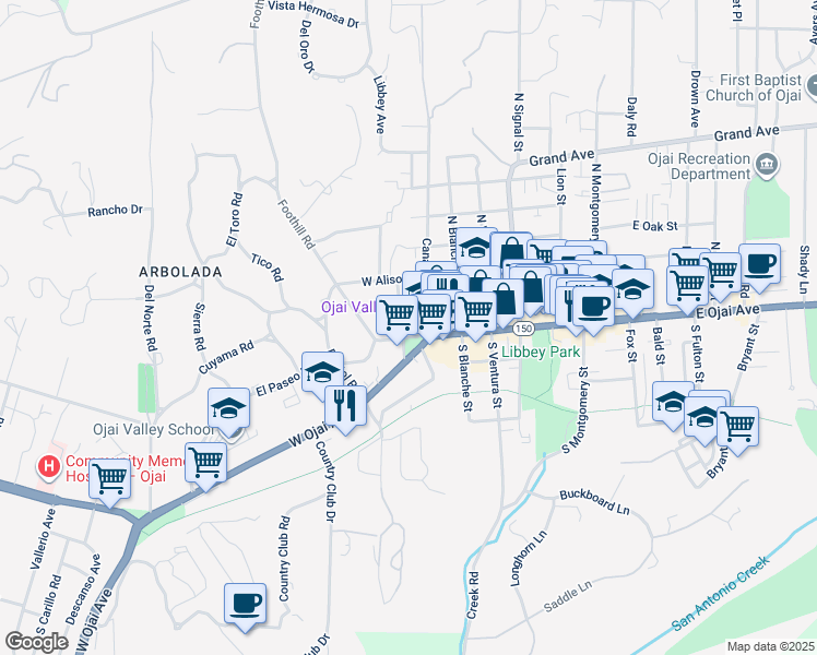 map of restaurants, bars, coffee shops, grocery stores, and more near 110 Rincon Street in Ojai