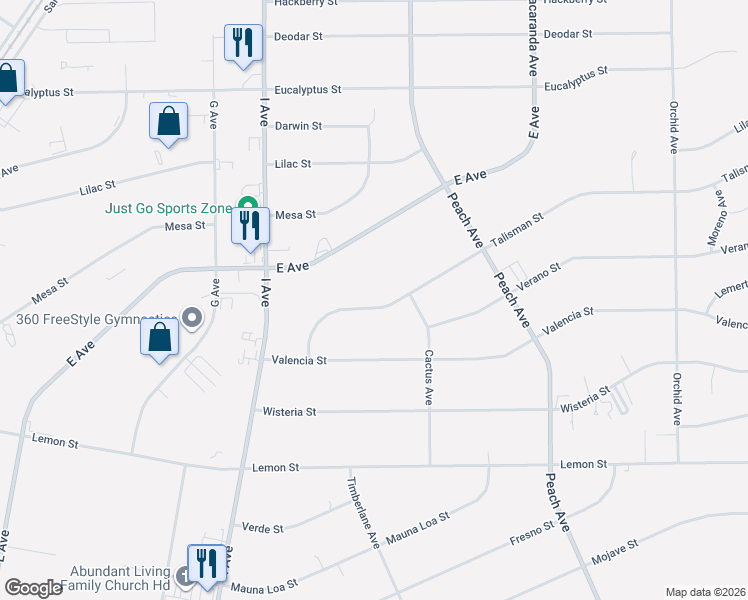 map of restaurants, bars, coffee shops, grocery stores, and more near 17876 Talisman Street in Hesperia