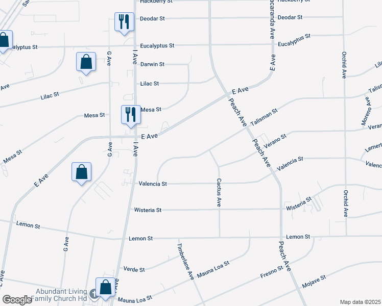 map of restaurants, bars, coffee shops, grocery stores, and more near Talisman Street in Hesperia