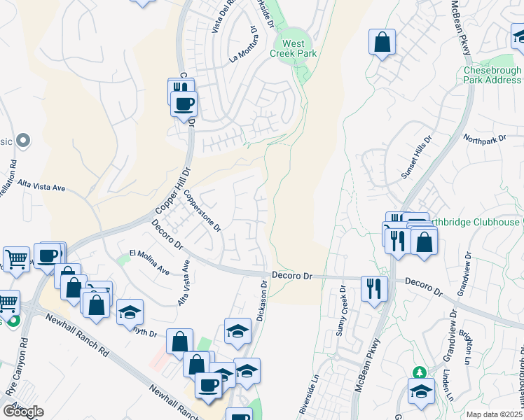 map of restaurants, bars, coffee shops, grocery stores, and more near 28025 Dickason Drive in Santa Clarita