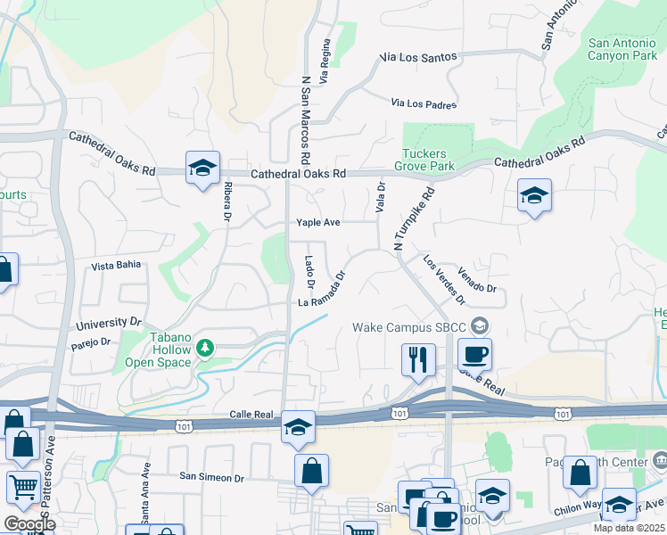 map of restaurants, bars, coffee shops, grocery stores, and more near 4951 La Ramada Drive in Santa Barbara