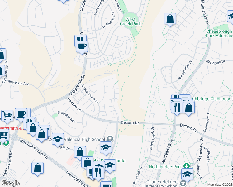 map of restaurants, bars, coffee shops, grocery stores, and more near 28025 Dickason Drive in Santa Clarita