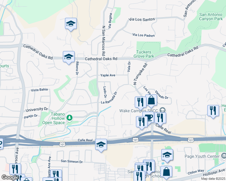 map of restaurants, bars, coffee shops, grocery stores, and more near 4951 La Ramada Drive in Santa Barbara