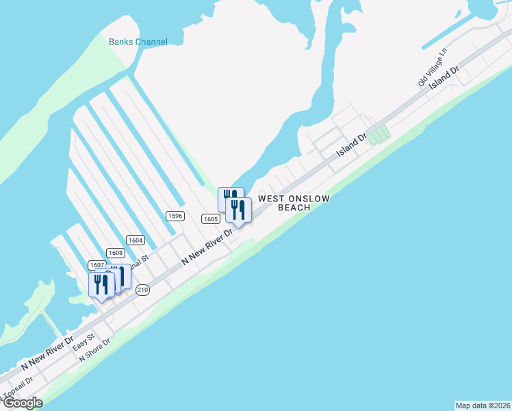 map of restaurants, bars, coffee shops, grocery stores, and more near 118 Scotch Bonnet Drive in North Topsail Beach