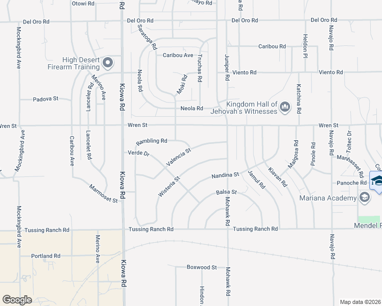 map of restaurants, bars, coffee shops, grocery stores, and more near 21165 Valencia Street in Apple Valley