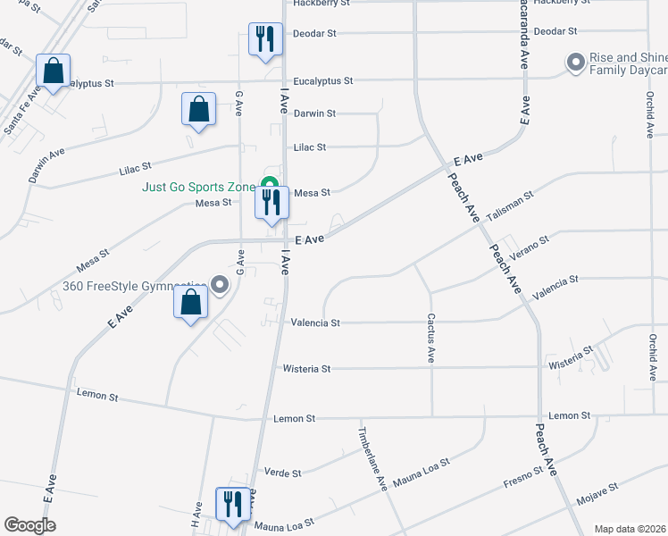 map of restaurants, bars, coffee shops, grocery stores, and more near 17840 Talisman Street in Hesperia
