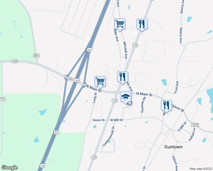 map of restaurants, bars, coffee shops, grocery stores, and more near 109 Saint Thomas Drive in Guntown