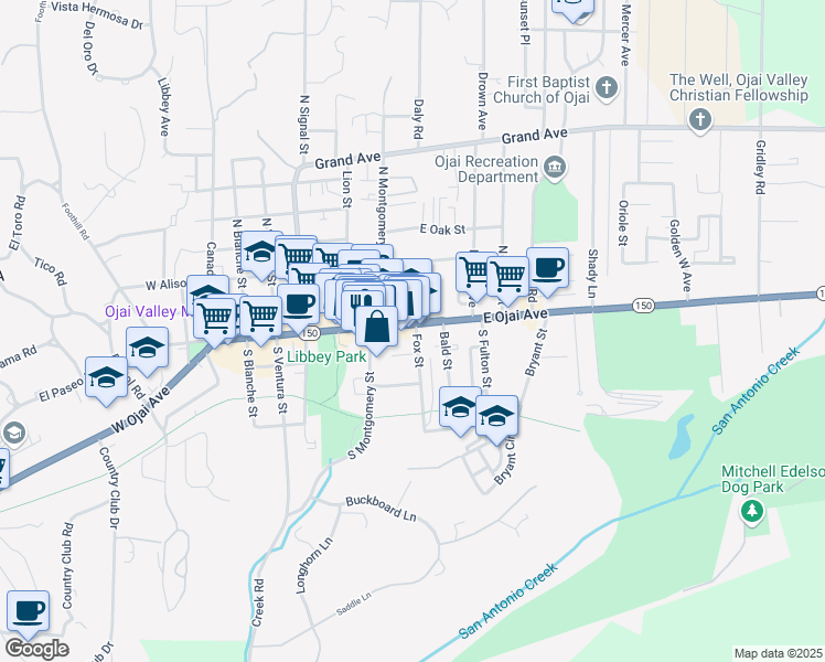 map of restaurants, bars, coffee shops, grocery stores, and more near 109 Fox Street in Ojai