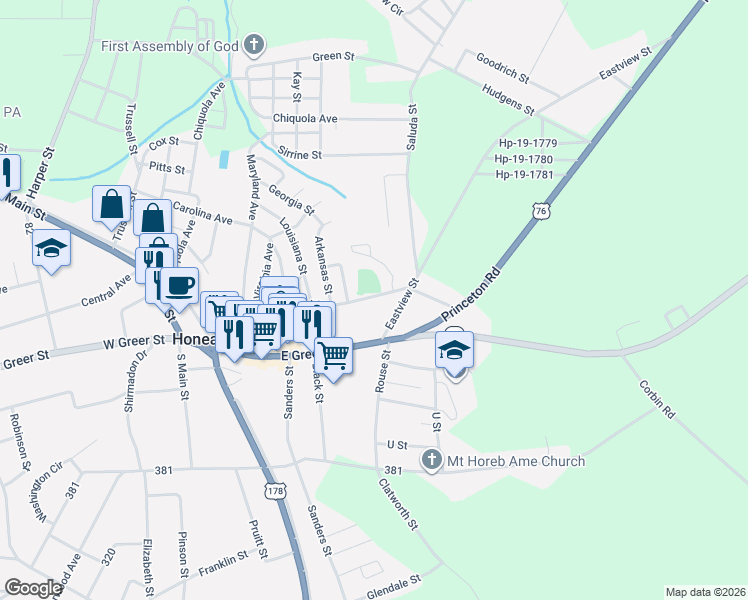 map of restaurants, bars, coffee shops, grocery stores, and more near 709 Laurel Street in Honea Path