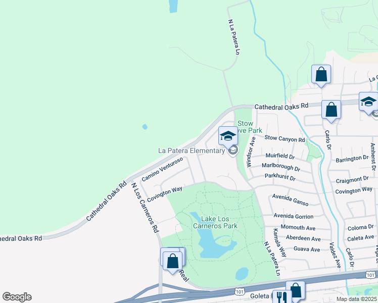 map of restaurants, bars, coffee shops, grocery stores, and more near 497 Camino Laguna Vista in Goleta