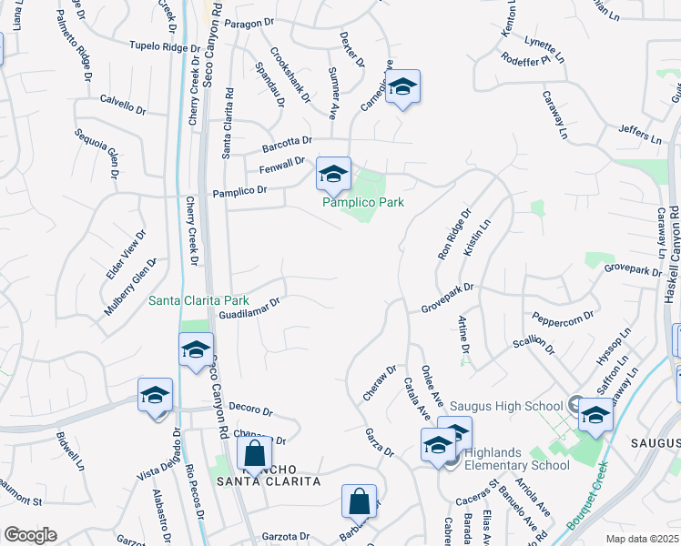 map of restaurants, bars, coffee shops, grocery stores, and more near 22403 Los Rogues Drive in Santa Clarita