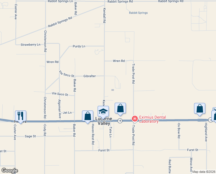 map of restaurants, bars, coffee shops, grocery stores, and more near 10733 Kendall Road in Lucerne Valley