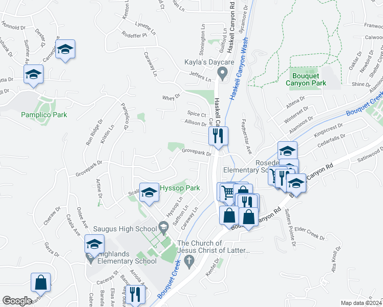 map of restaurants, bars, coffee shops, grocery stores, and more near 21642 Grovepark Drive in Santa Clarita