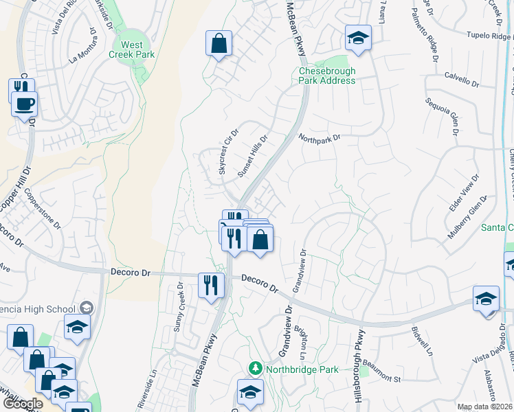map of restaurants, bars, coffee shops, grocery stores, and more near 27800 McBean Parkway in Santa Clarita