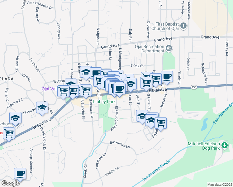 map of restaurants, bars, coffee shops, grocery stores, and more near East Ojai Avenue & South Montgomery Street in Ojai
