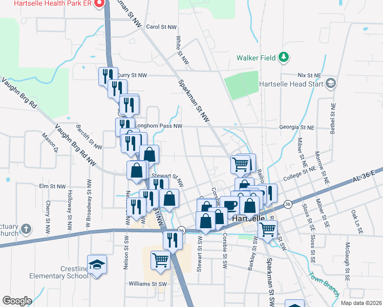 map of restaurants, bars, coffee shops, grocery stores, and more near 608 Cedar Street Northwest in Hartselle