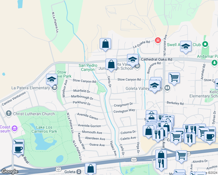 map of restaurants, bars, coffee shops, grocery stores, and more near 543 Carlo Drive in Goleta