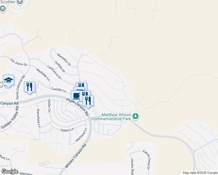 map of restaurants, bars, coffee shops, grocery stores, and more near 19104 Graham Lane in Santa Clarita