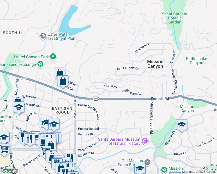 map of restaurants, bars, coffee shops, grocery stores, and more near 864 Cheltenham Road in Santa Barbara