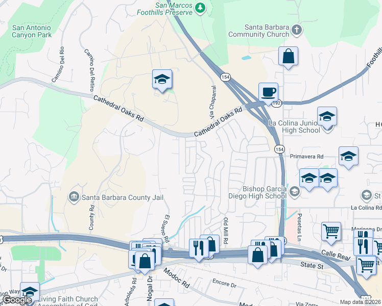map of restaurants, bars, coffee shops, grocery stores, and more near 333 Old Mill Road in Santa Barbara