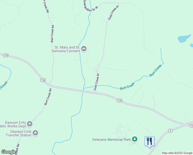 map of restaurants, bars, coffee shops, grocery stores, and more near 31 Gold Dust Drive in Dawsonville