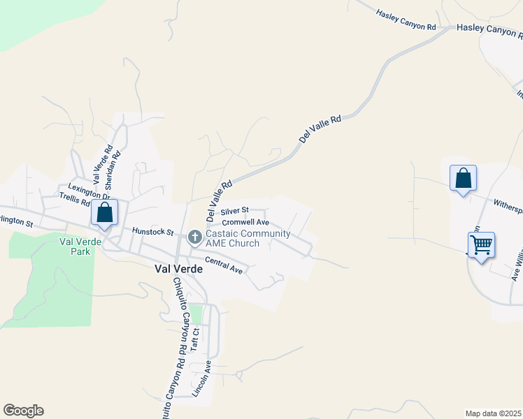 map of restaurants, bars, coffee shops, grocery stores, and more near Silver Street in Val Verde