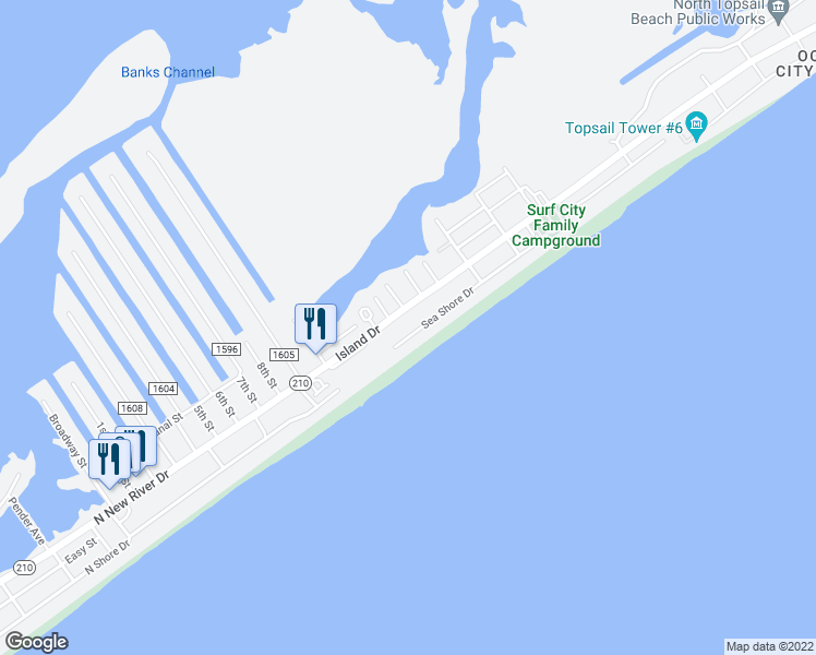 map of restaurants, bars, coffee shops, grocery stores, and more near 207 Seashore Drive in North Topsail Beach