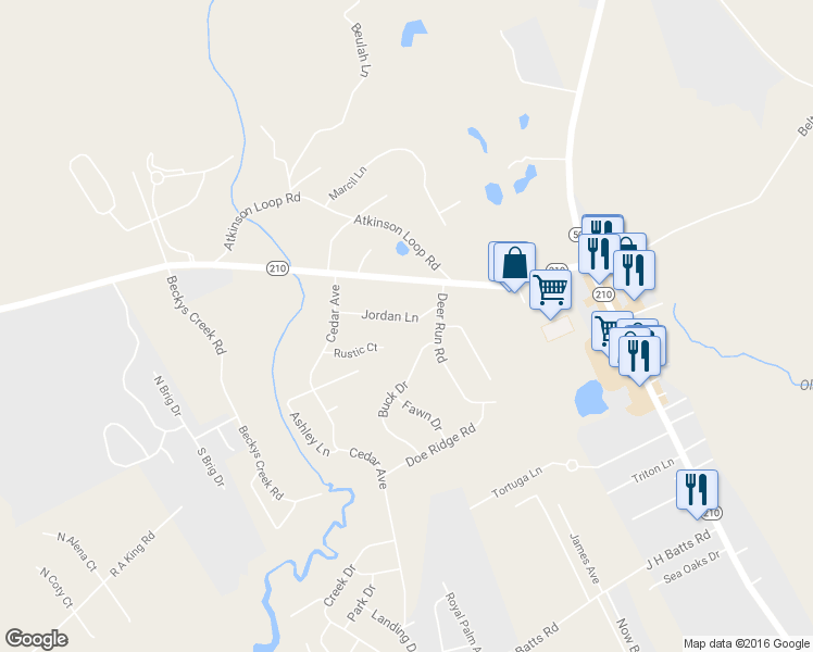 map of restaurants, bars, coffee shops, grocery stores, and more near 116 Jordan Lane in Hampstead