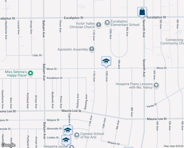map of restaurants, bars, coffee shops, grocery stores, and more near 10828 11th Avenue in Hesperia