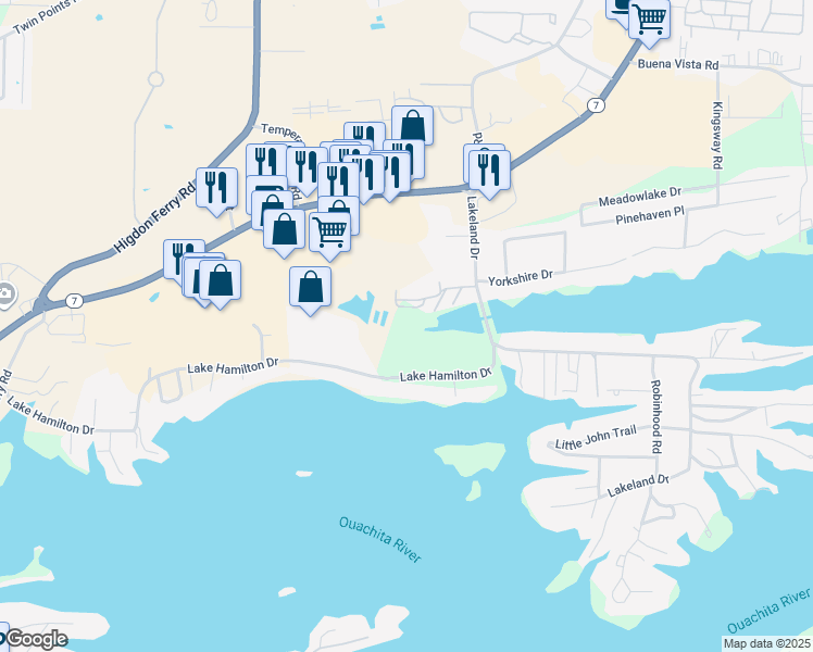 map of restaurants, bars, coffee shops, grocery stores, and more near 280 Lakeland Drive in Hot Springs