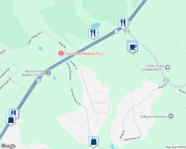 map of restaurants, bars, coffee shops, grocery stores, and more near 199 Bunchberry Court in Hampstead