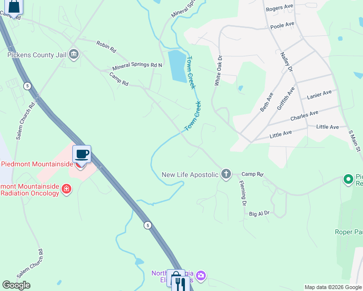 map of restaurants, bars, coffee shops, grocery stores, and more near 2267 Camp Road in Jasper