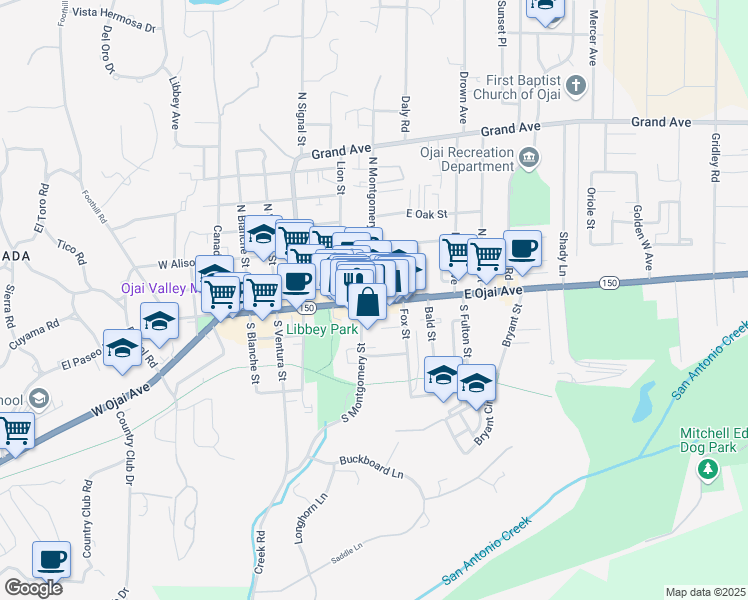 map of restaurants, bars, coffee shops, grocery stores, and more near 1225 South Rice Road in Ojai