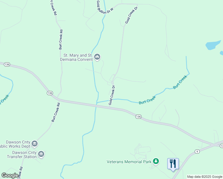map of restaurants, bars, coffee shops, grocery stores, and more near 23 Gold Dust Drive in Dawsonville