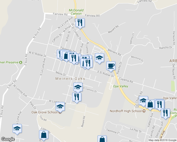 map of restaurants, bars, coffee shops, grocery stores, and more near 107 East El Roblar Drive in Ojai