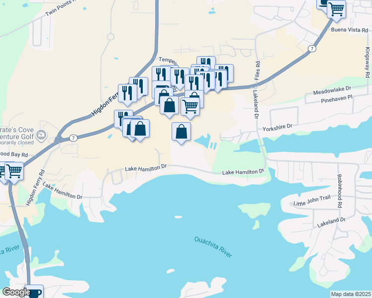 map of restaurants, bars, coffee shops, grocery stores, and more near 218 Hemingway Hill Drive in Hot Springs