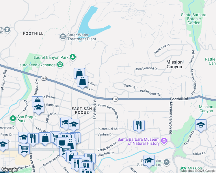 map of restaurants, bars, coffee shops, grocery stores, and more near 2970 Glen Albyn Drive in Santa Barbara