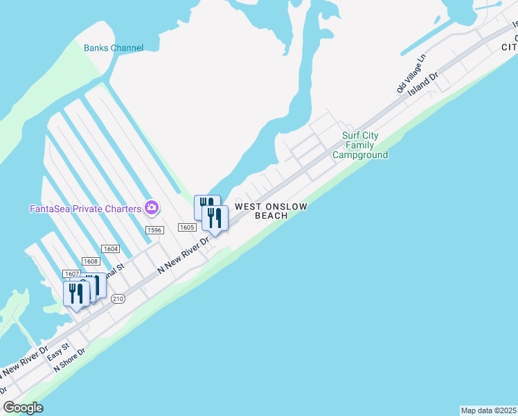 map of restaurants, bars, coffee shops, grocery stores, and more near 184 Seashore Drive in North Topsail Beach