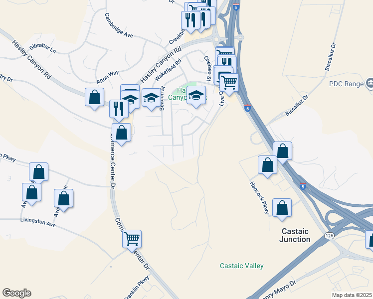 map of restaurants, bars, coffee shops, grocery stores, and more near 29102 Rangewood Road in Castaic