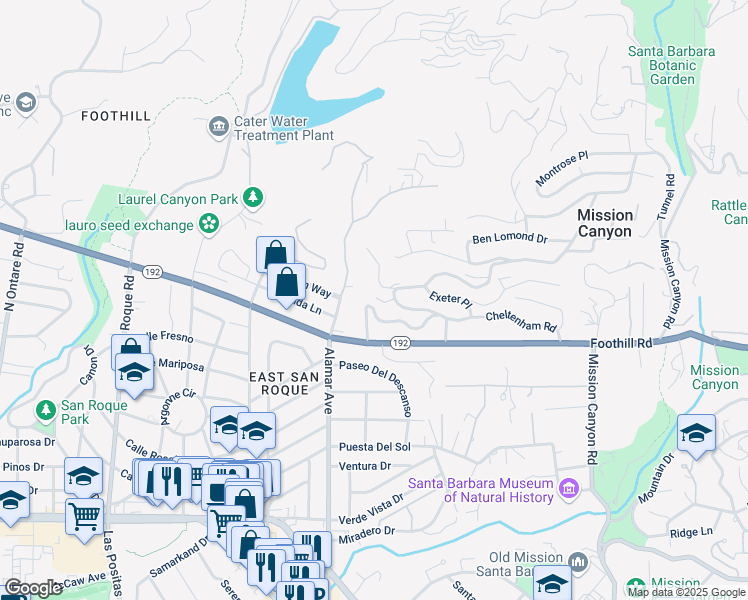 map of restaurants, bars, coffee shops, grocery stores, and more near 891 Cheltenham Road in Santa Barbara