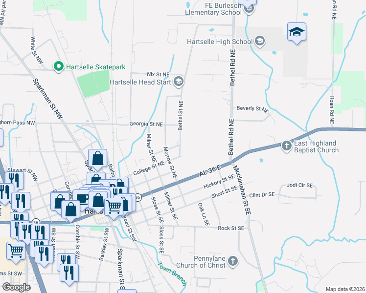 map of restaurants, bars, coffee shops, grocery stores, and more near 602 College Street Northeast in Hartselle