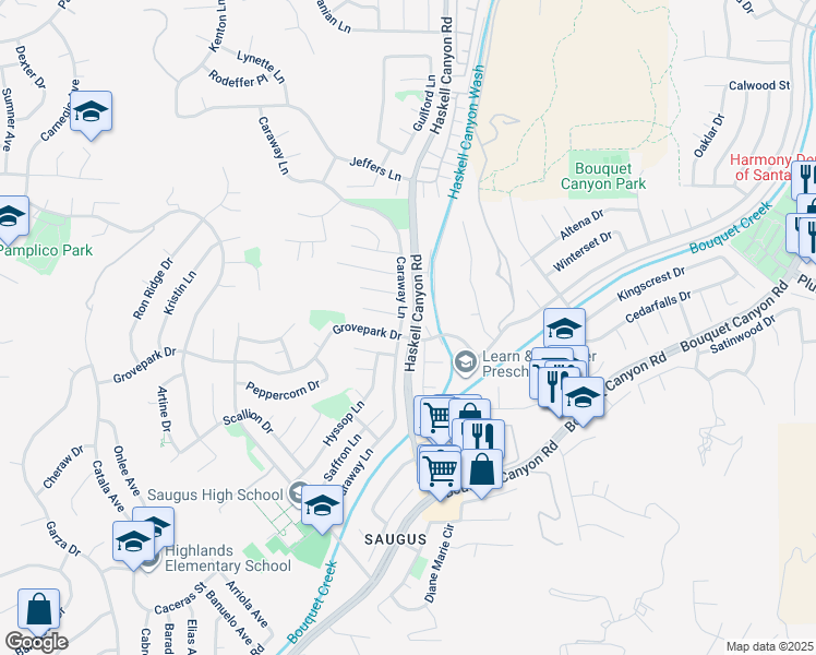 map of restaurants, bars, coffee shops, grocery stores, and more near 27808 Caraway Lane in Santa Clarita