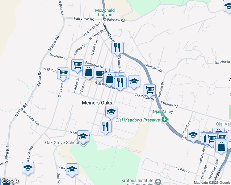 map of restaurants, bars, coffee shops, grocery stores, and more near 151 South Lomita Avenue in Ojai