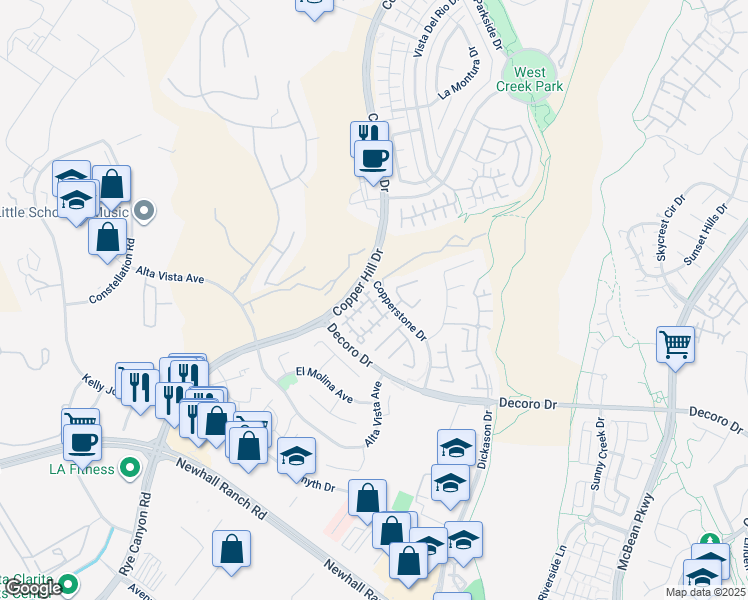 map of restaurants, bars, coffee shops, grocery stores, and more near 24702 Montevista Circle in Santa Clarita